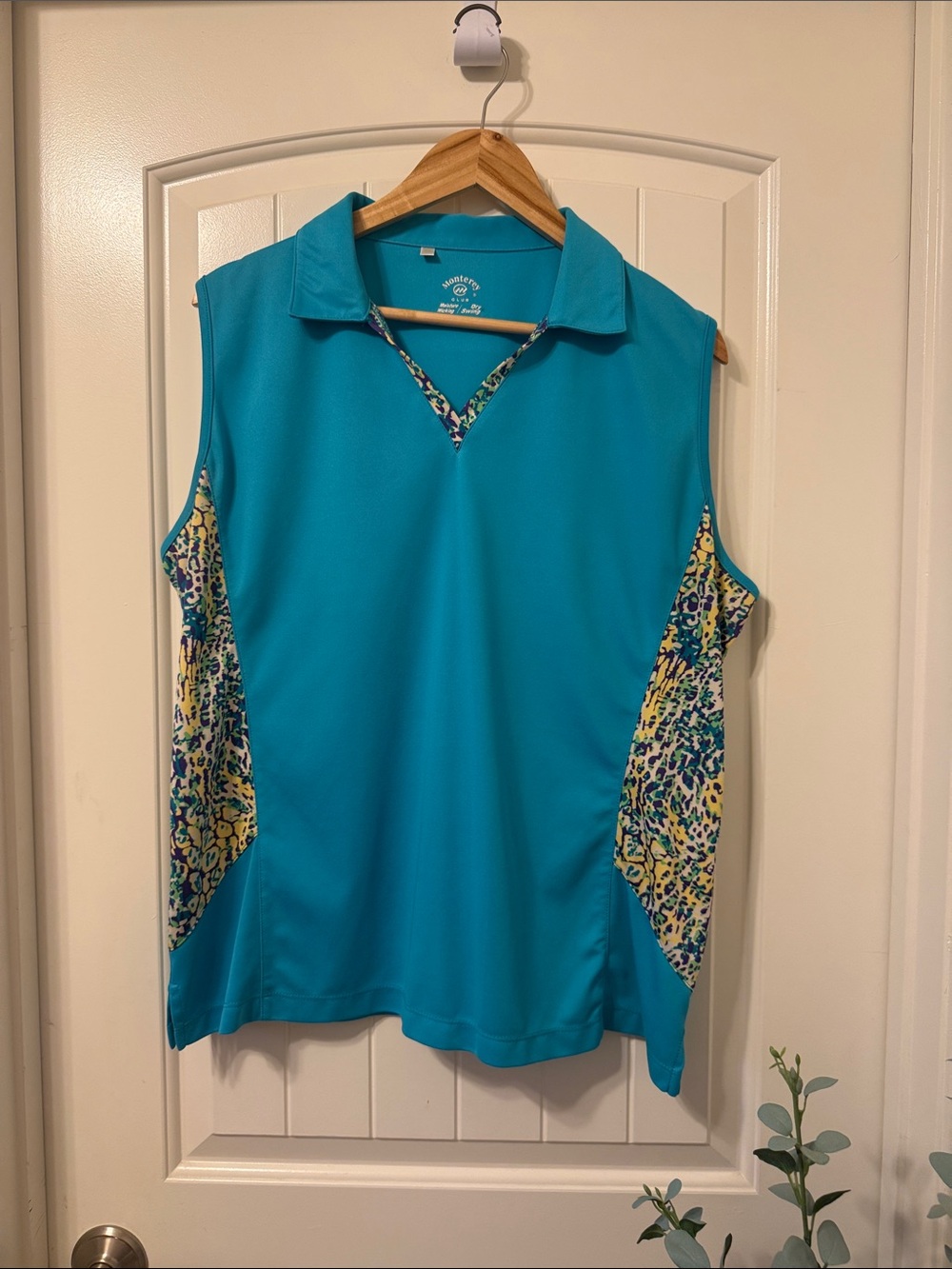 Sleeveless Polo Tank in Teal with Multicolor Leopard Panels